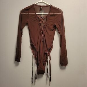 Fredericks of Hollywood Lola Lee Sheer Mesh Teddy Bodysuit Brown Medium